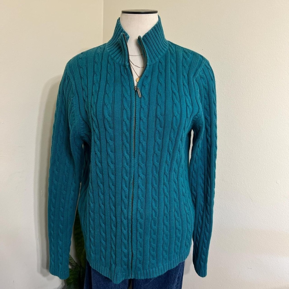 L.L. Bean Teal Chunky Cable Knit 100% Cotton Full-Zip Sweater – Size L